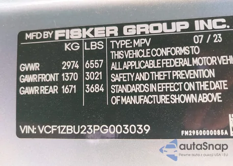 2023 Fisker Ocean One z USA, uszkodzony, nr VIN VCF1ZBU23PG003039